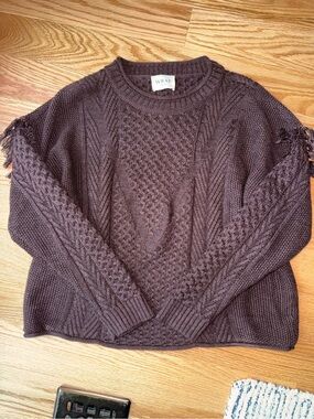 Wrap London Brown Wool Blend Textured Knit Sweater Fringe Detail Size US 8